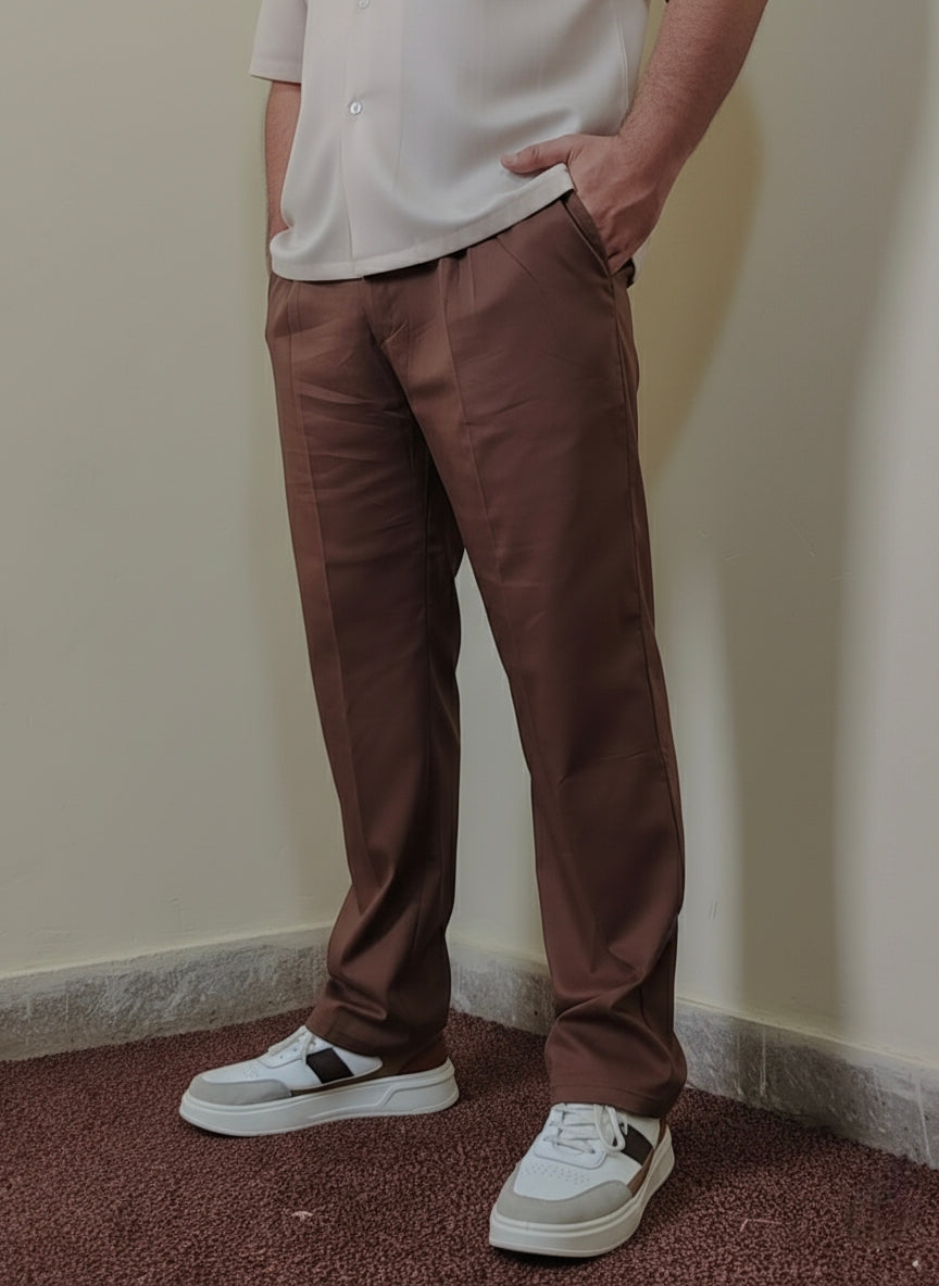 WALNUT BROWN STRAGHT FIT PLATED TROUSER